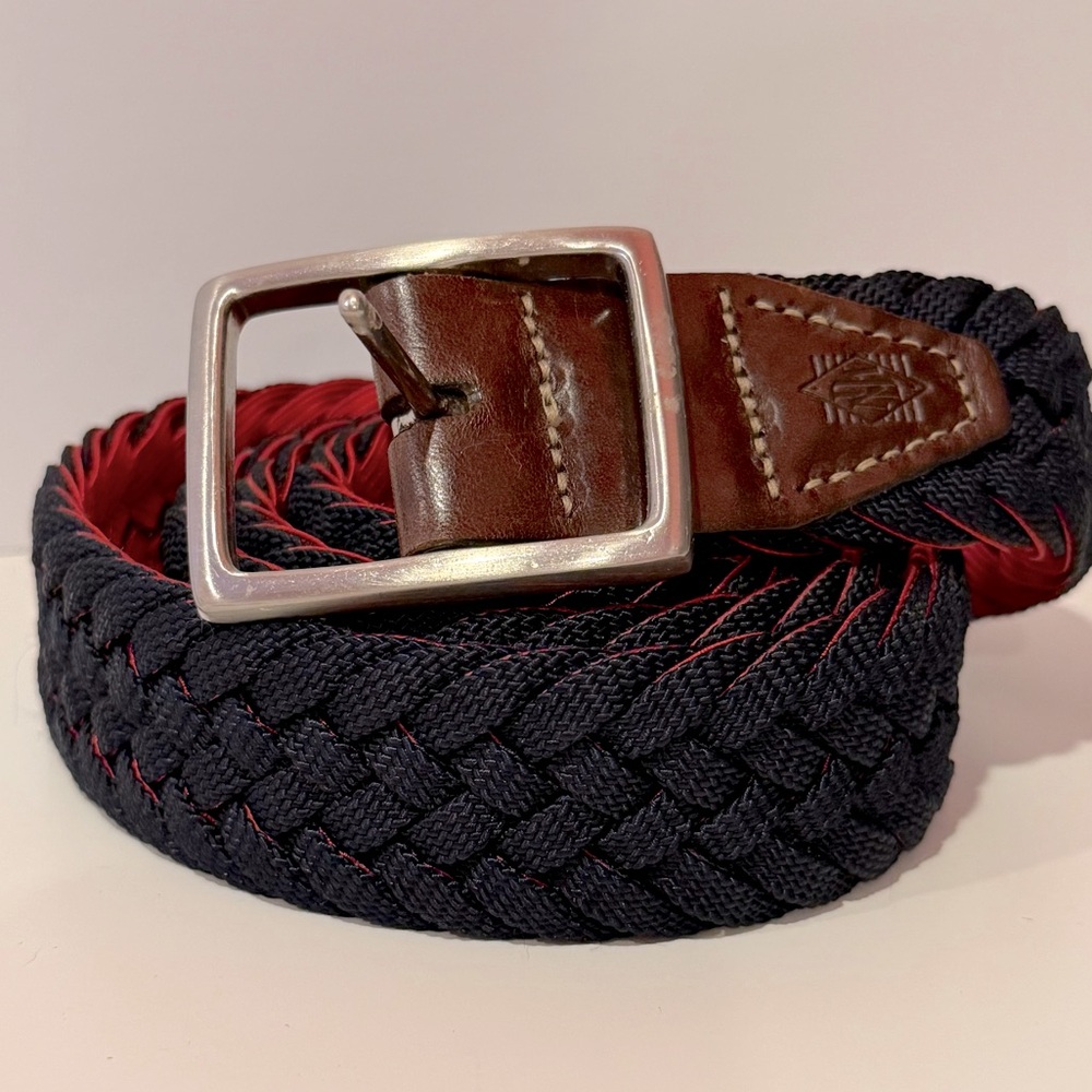 Martin Dingman Navy and Red Reversible Braided Belt with Leather Metal Size 40